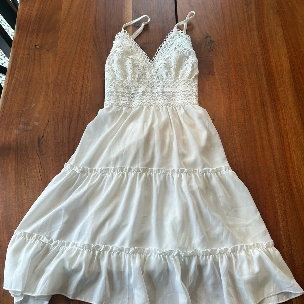 CO White Crochet Bodice Tiered Mini Dress - Picture 1 of 8